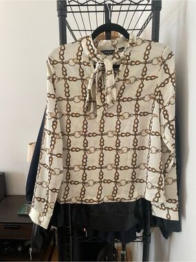 Cream Chain-Print Tie-Neck Blouse